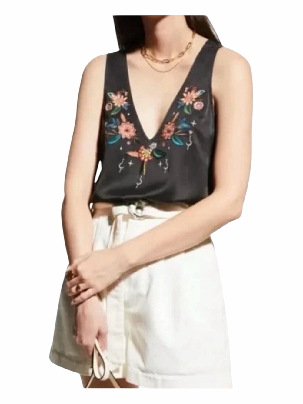 JOHNNY WAS Sanja 100% Silk Floral Embroidered Swing Tunic Tank Blouse Size Large